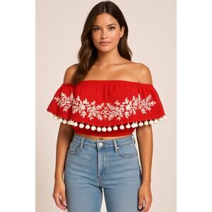 Show Me Your Mumu Teagan Pom Pom Crop Top Firecracker Red with White Embroidery
